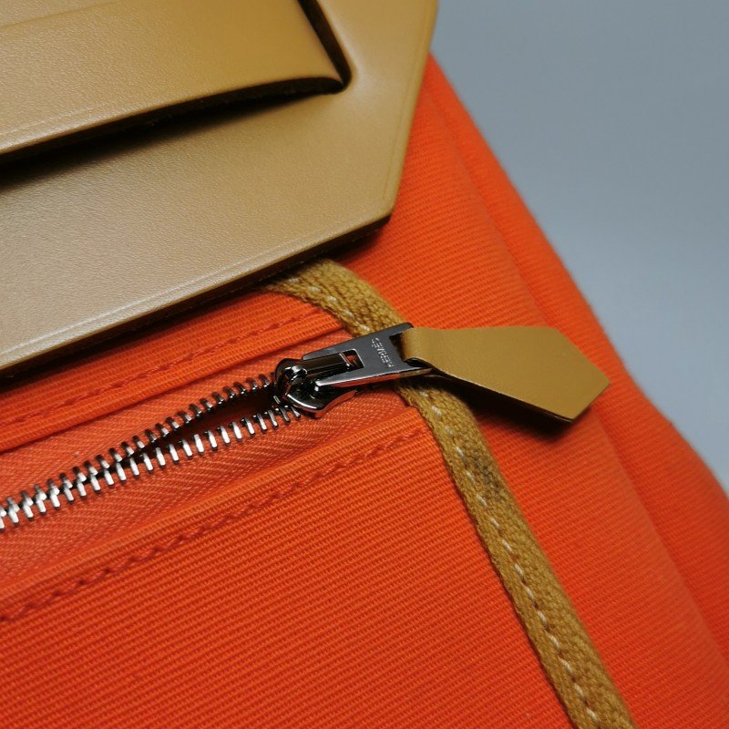 Hermes Herbag31馬鞍釘鎖扣斜挎包單肩包Hunter牛皮帆布銀扣8V罌粟橙棕色U刻-15