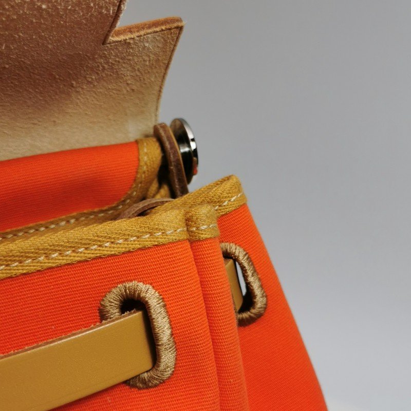 Hermes Herbag31馬鞍釘鎖扣斜挎包單肩包Hunter牛皮帆布銀扣8V罌粟橙棕色U刻-20