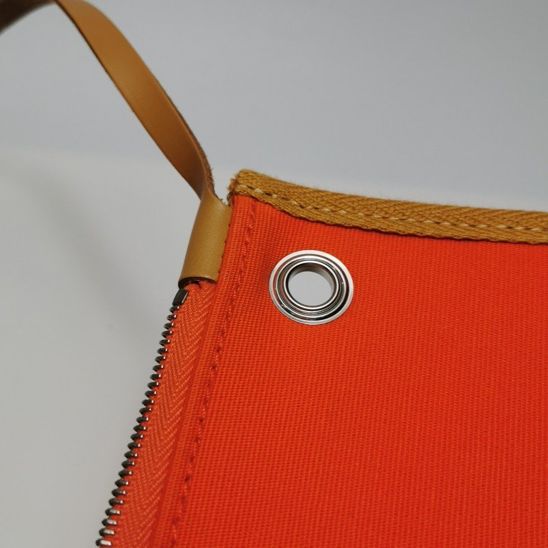 Hermes Herbag31馬鞍釘鎖扣斜挎包單肩包Hunter牛皮帆布銀扣8V罌粟橙棕色U刻-30