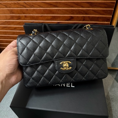 Chanel黑金CF23 經典LOGO菱格紋荔枝牛皮鏈帶肩背/斜背包 芯片款