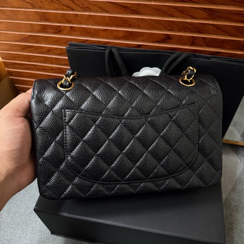 Chanel黑金CF23 經典LOGO菱格紋荔枝牛皮鏈帶肩背/斜背包 芯片款-1