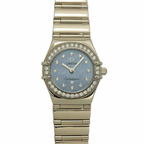 歐米茄星座系列迷你 My Choice 1165 77 鑽孔圈女錶，藍色錶殼，18K 白金錶殼，石英機芯