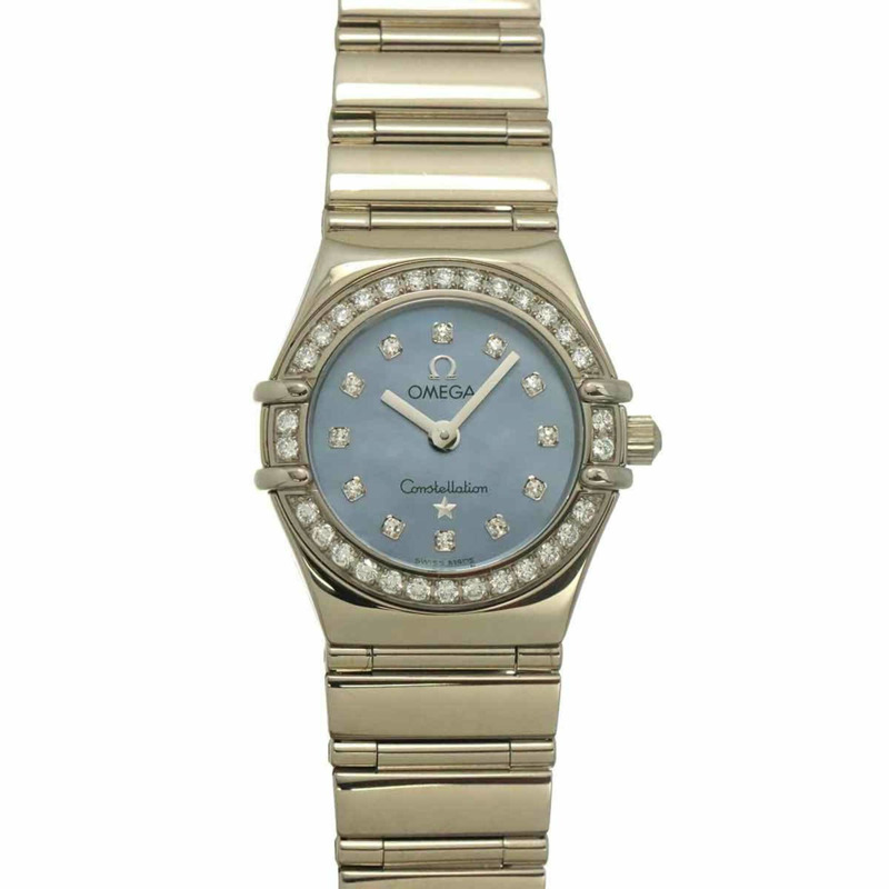 歐米茄星座系列迷你 My Choice 1165 77 鑽孔圈女錶,藍色錶殼,18K 白金錶殼,石英機芯-0