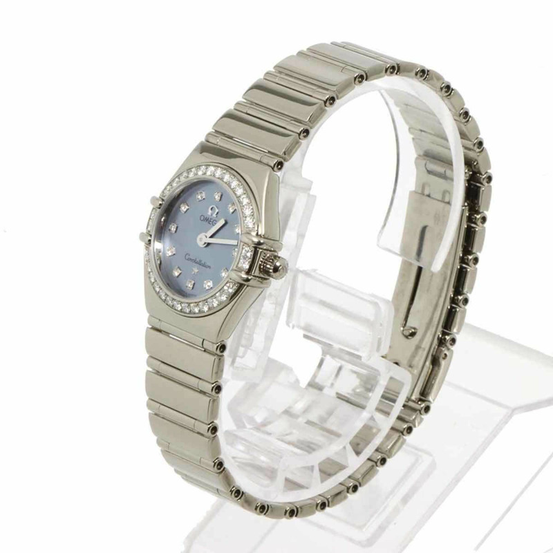 歐米茄星座系列迷你 My Choice 1165 77 鑽孔圈女錶,藍色錶殼,18K 白金錶殼,石英機芯-1