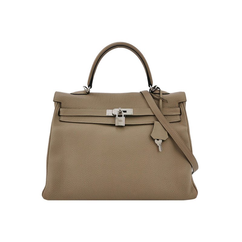 Hermes Kelly凱莉包35純色旋扣手提單肩包Togo牛皮銀扣S2風衣灰-0