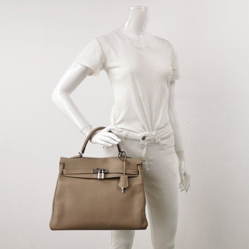 Hermes Kelly凱莉包35純色旋扣手提單肩包Togo牛皮銀扣S2風衣灰-1