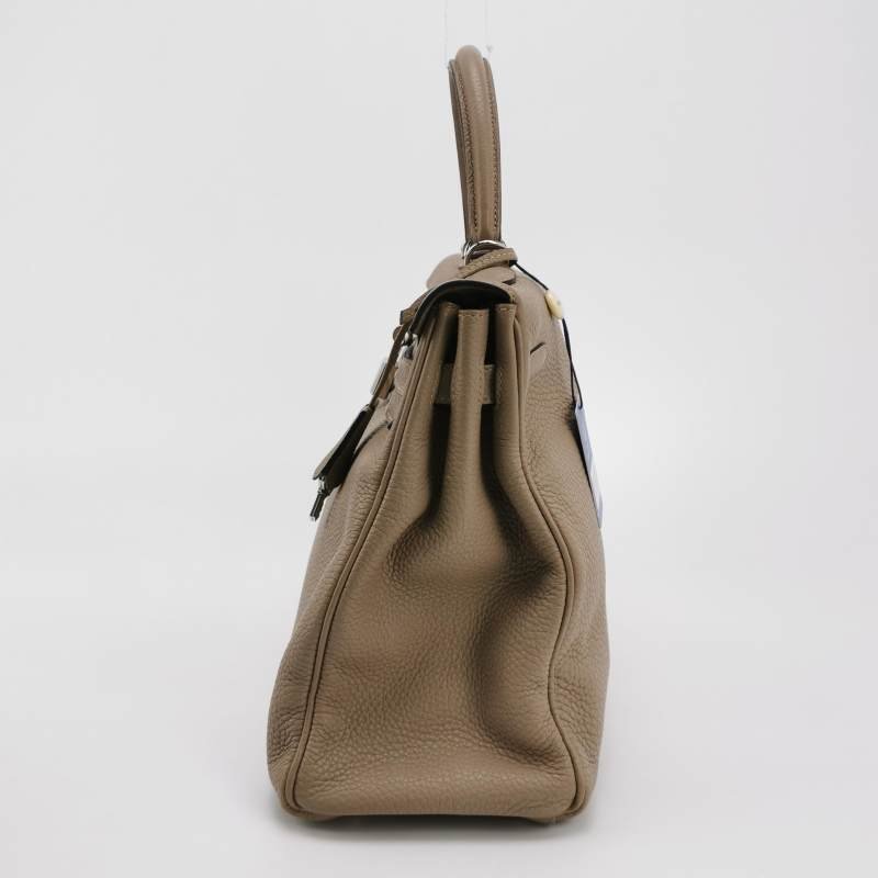 Hermes Kelly凱莉包35純色旋扣手提單肩包Togo牛皮銀扣S2風衣灰-2