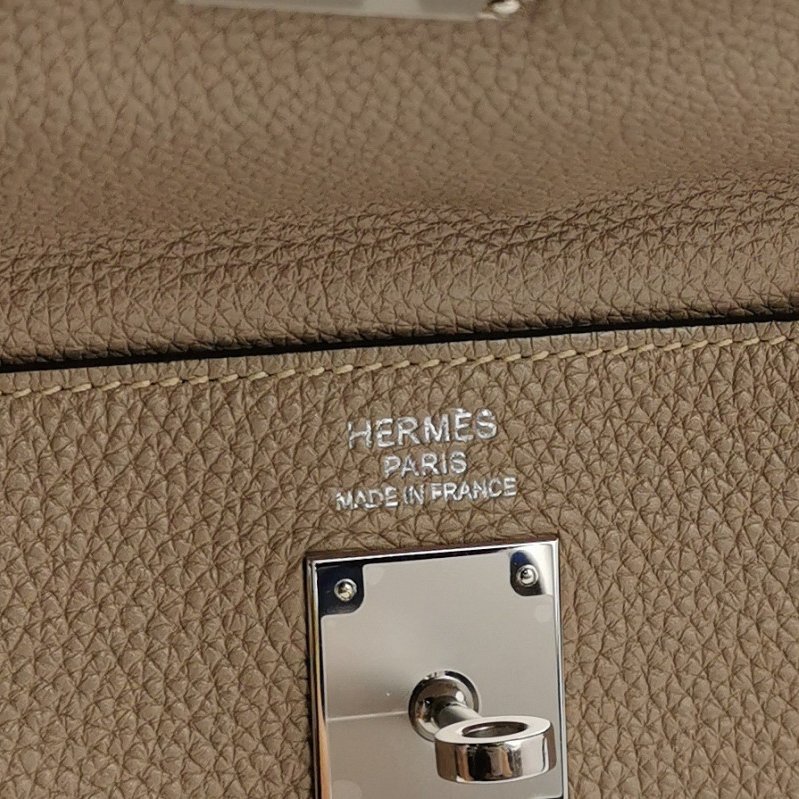 Hermes Kelly凱莉包35純色旋扣手提單肩包Togo牛皮銀扣S2風衣灰-7