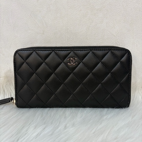 CHANEL A50097 黑羊皮菱格紋銀釦 零錢 發財 長夾 皮夾