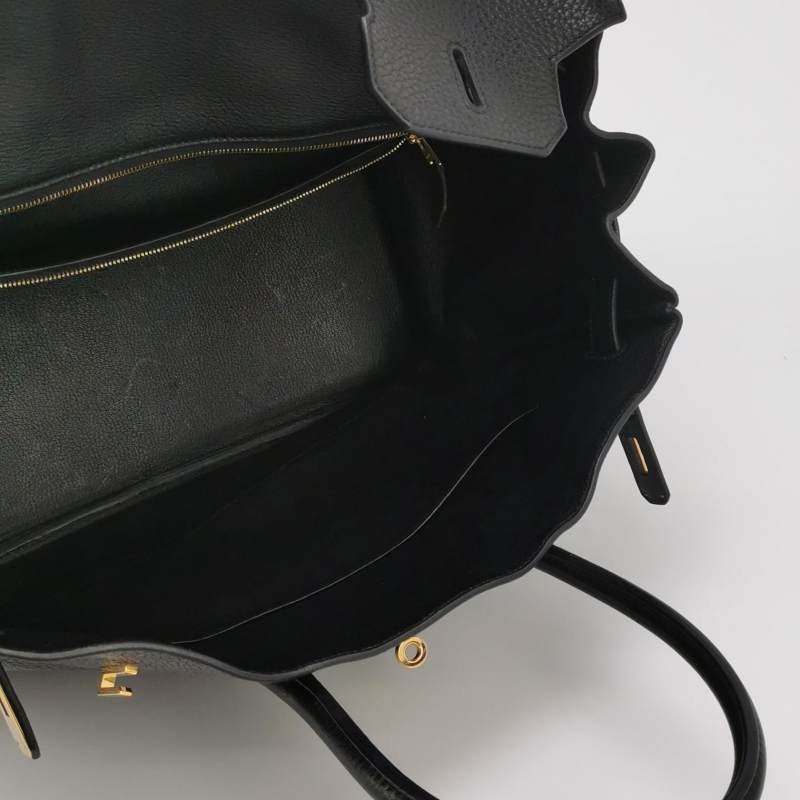 Hermes Birkin鉑金包35純色旋扣手提包Togo牛皮金扣89黑色框Q刻-6