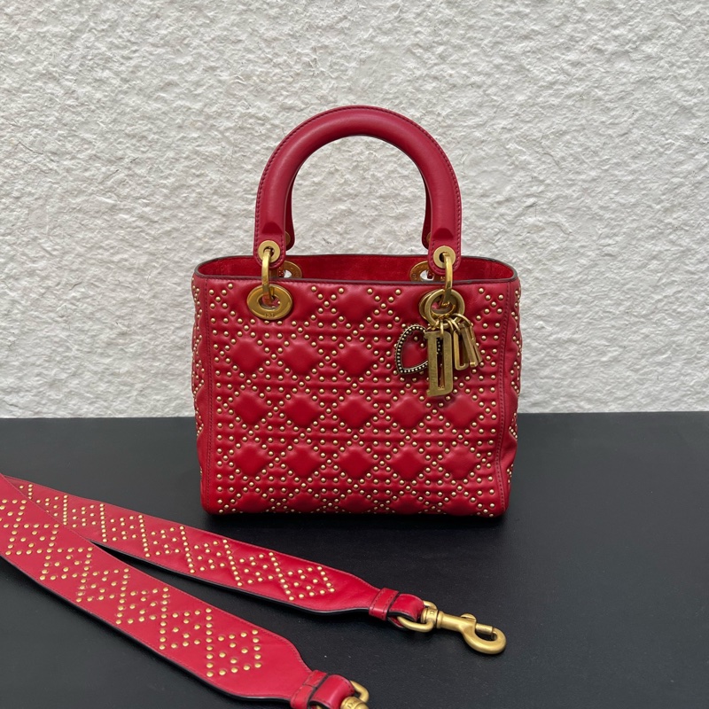 98新Dior迪奧紅色金扣五格戴妃包鉚釘款手提單肩斜挎-0