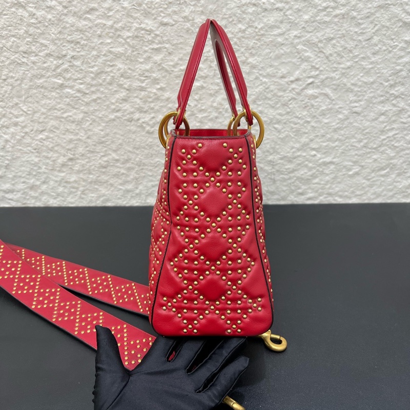 98新Dior迪奧紅色金扣五格戴妃包鉚釘款手提單肩斜挎-2