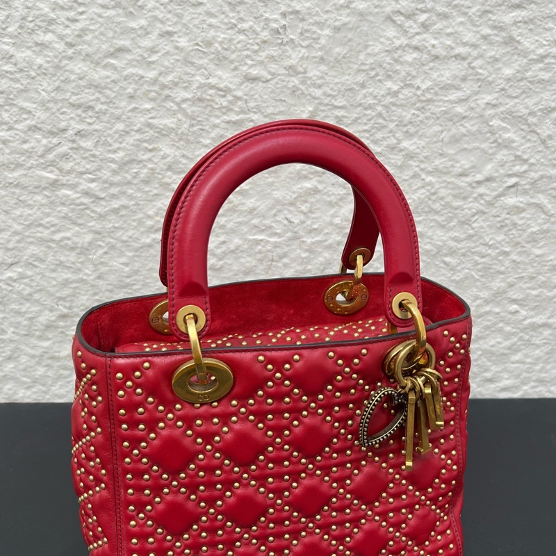 98新Dior迪奧紅色金扣五格戴妃包鉚釘款手提單肩斜挎-5