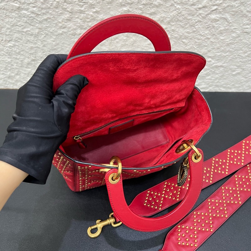 98新Dior迪奧紅色金扣五格戴妃包鉚釘款手提單肩斜挎-6