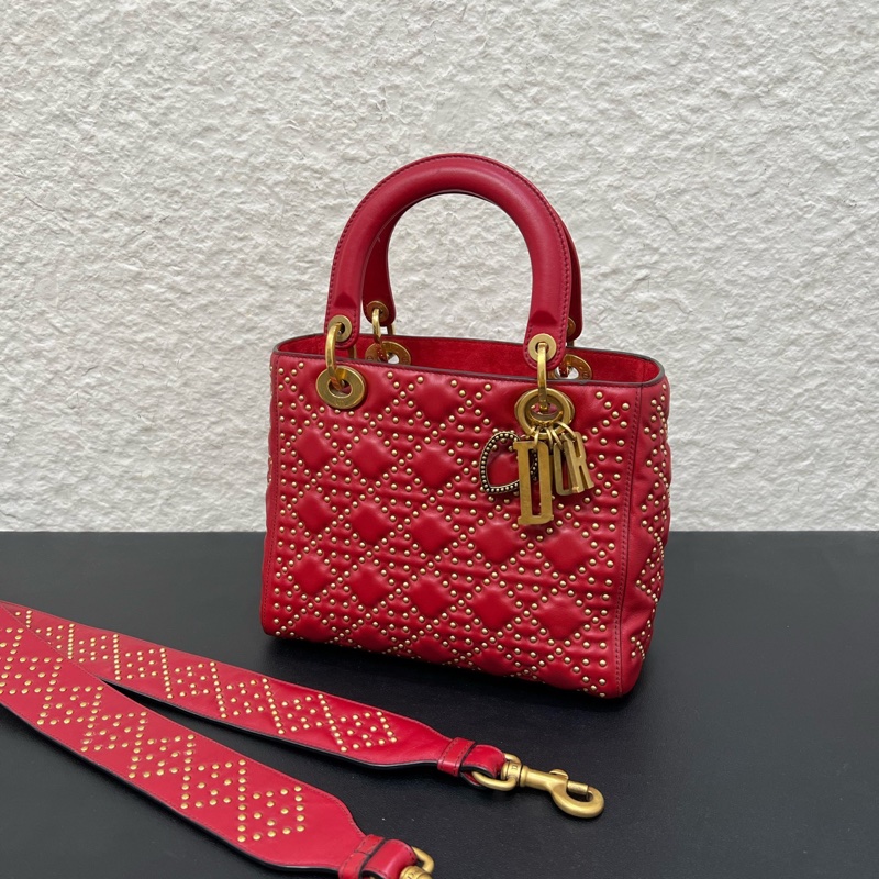 98新Dior迪奧紅色金扣五格戴妃包鉚釘款手提單肩斜挎-7