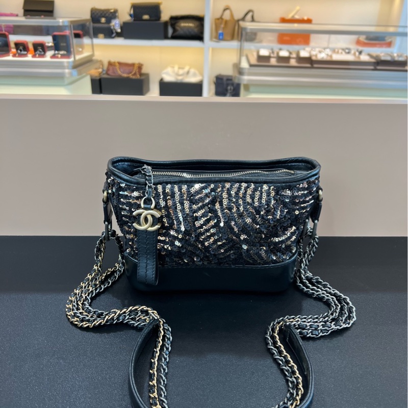 98新Chanel香奈兒秀款黑金亮片小號流浪包單肩斜挎包-0