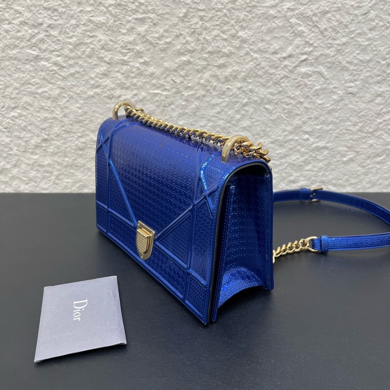 99新Dior迪奧diorama中號藍色漆皮盾牌包單肩斜挎包-3