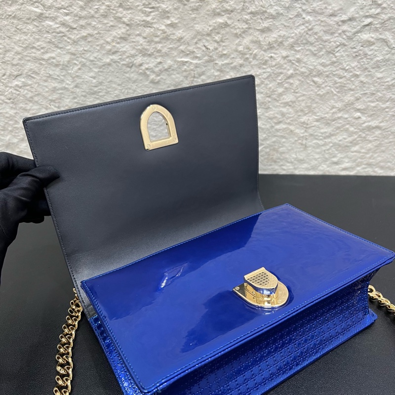 99新Dior迪奧diorama中號藍色漆皮盾牌包單肩斜挎包-5