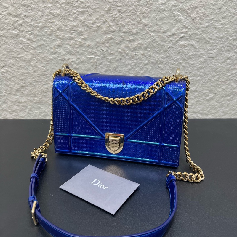 99新Dior迪奧diorama中號藍色漆皮盾牌包單肩斜挎包-7