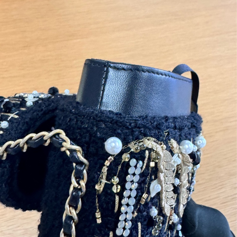 Chanel香奈兒 20A高級手工坊黑色金麥穗釘珠毛呢刺繡手機包鏈條包-7