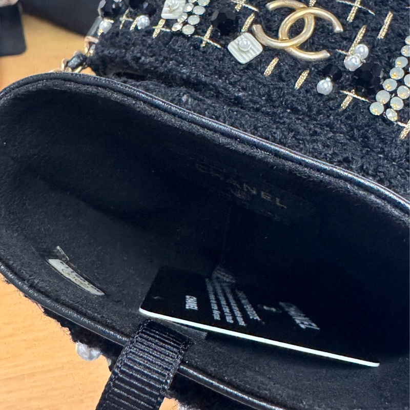 Chanel香奈兒 20A高級手工坊黑色金麥穗釘珠毛呢刺繡手機包鏈條包-8