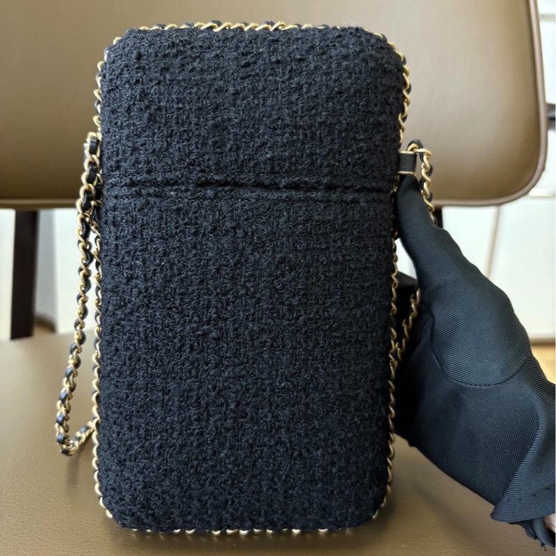 Chanel香奈兒 20A高級手工坊黑色金麥穗釘珠毛呢刺繡手機包鏈條包-9