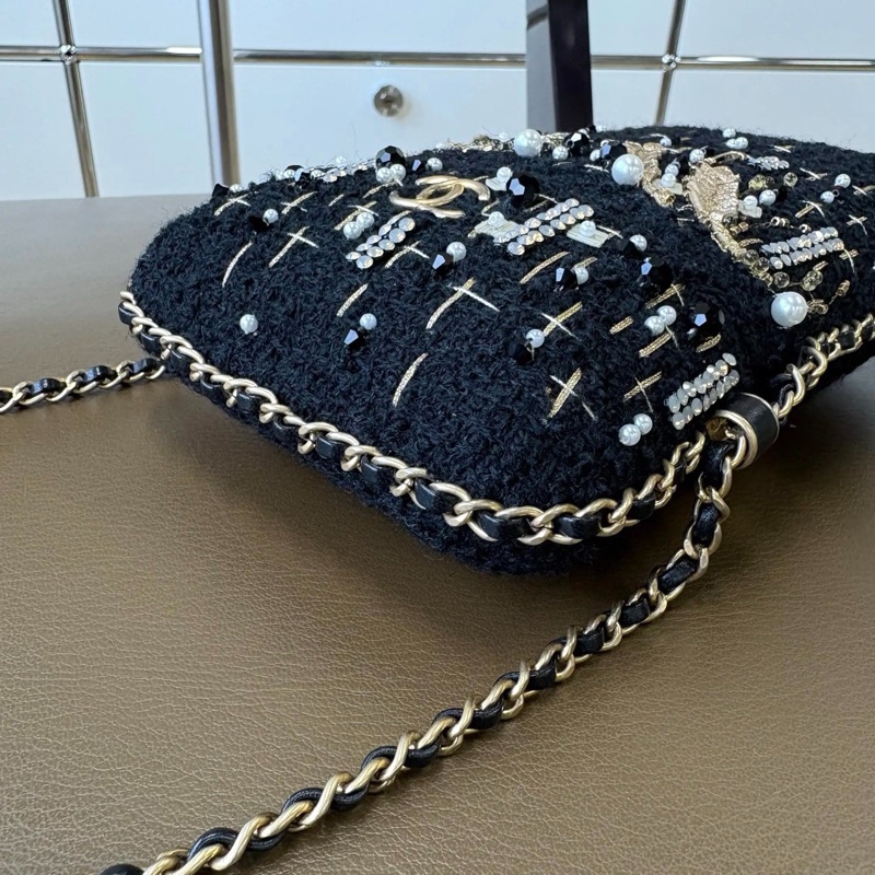 Chanel香奈兒 20A高級手工坊黑色金麥穗釘珠毛呢刺繡手機包鏈條包-10