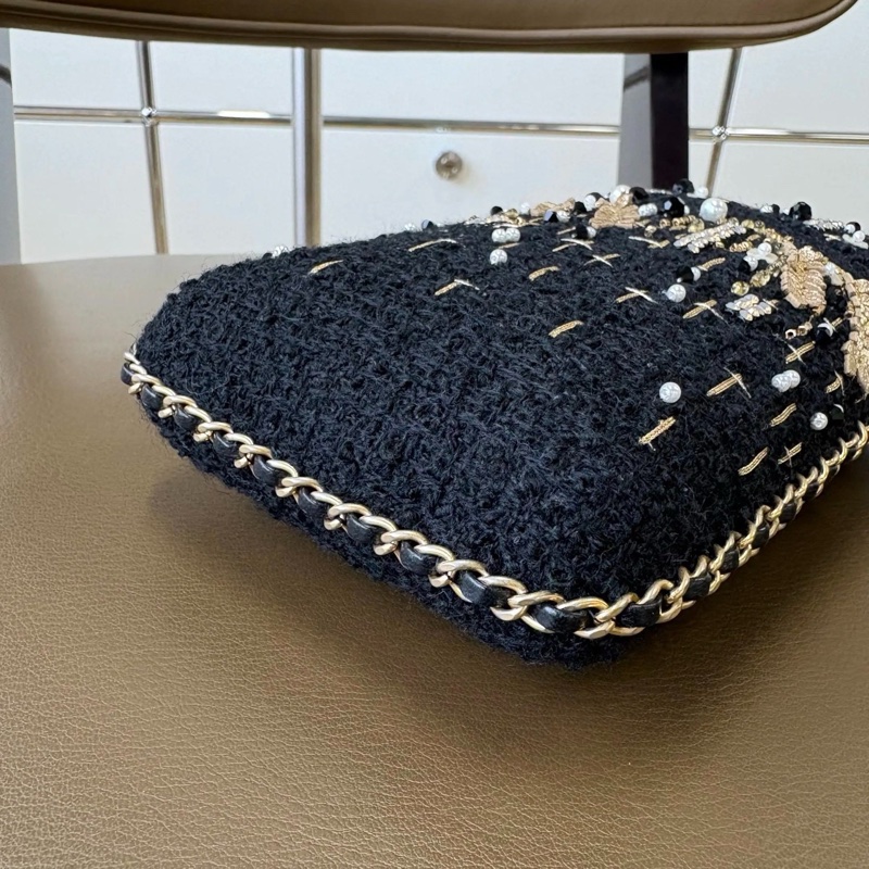 Chanel香奈兒 20A高級手工坊黑色金麥穗釘珠毛呢刺繡手機包鏈條包-11