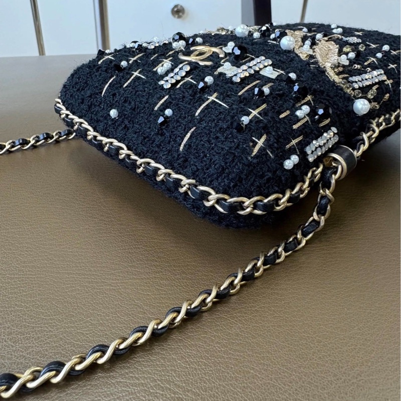 Chanel香奈兒 20A高級手工坊黑色金麥穗釘珠毛呢刺繡手機包鏈條包-12