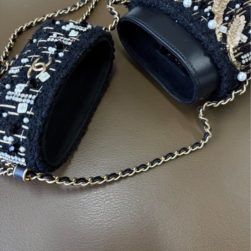 Chanel香奈兒 20A高級手工坊黑色金麥穗釘珠毛呢刺繡手機包鏈條包-15