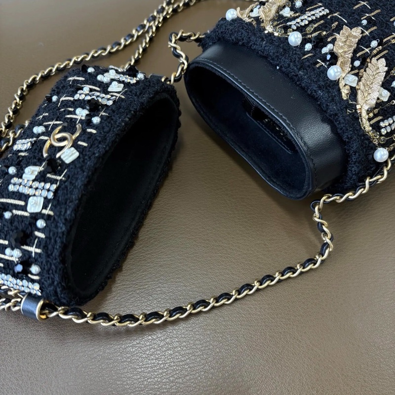Chanel香奈兒 20A高級手工坊黑色金麥穗釘珠毛呢刺繡手機包鏈條包-17