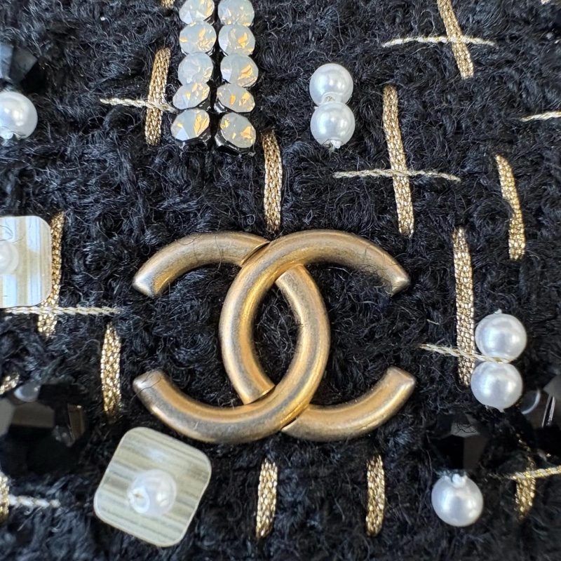 Chanel香奈兒 20A高級手工坊黑色金麥穗釘珠毛呢刺繡手機包鏈條包-19