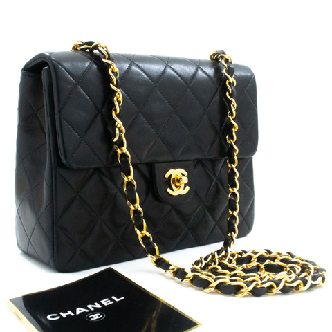 香奈兒迷你方形小鏈條肩背包/斜背包，黑色羊羔絨