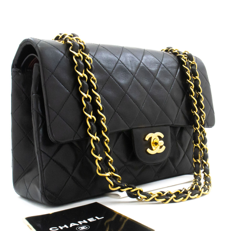 【日本直送】香奈兒經典雙蓋10吋鏈條單肩背包，黑色羊皮-0