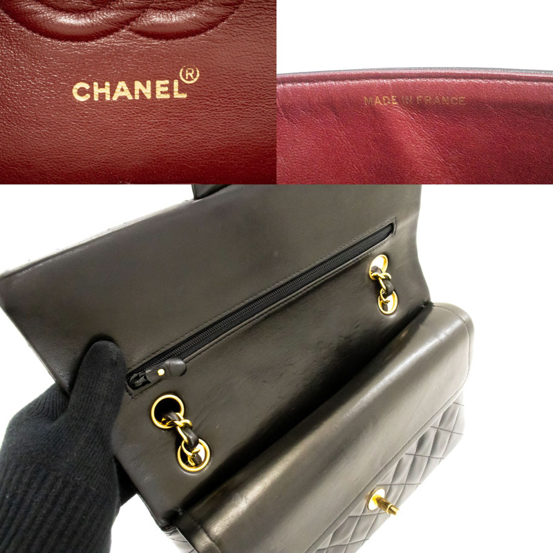 【日本直送】香奈兒經典雙蓋10吋鏈條單肩背包，黑色羊皮-7