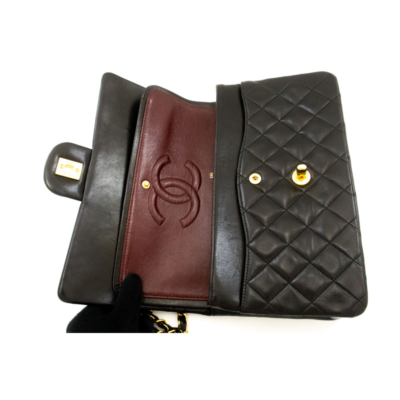 【日本直送】香奈兒經典雙蓋10吋鏈條單肩背包，黑色羊皮-10