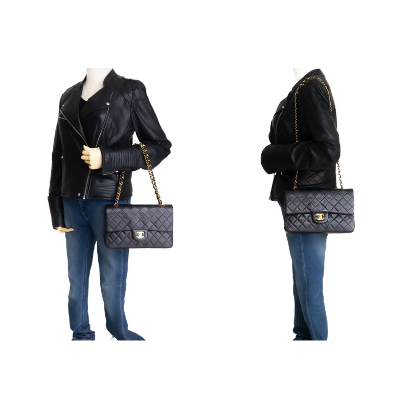 【日本直送】香奈兒經典雙蓋10吋鏈條單肩背包，黑色羊皮-11