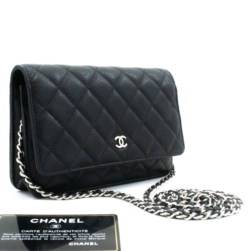 【日本直送】香奈兒粒面小牛皮鏈錢包 WOC 黑色單肩背包-0