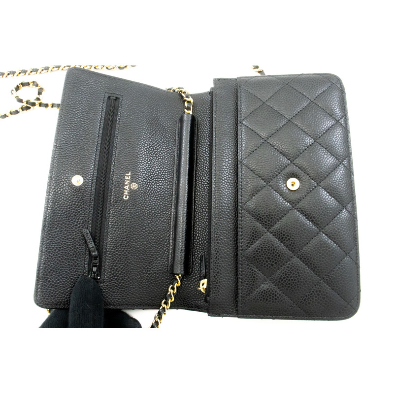 【日本直送】香奈兒粒面小牛皮鏈錢包 WOC 黑色單肩背包-10