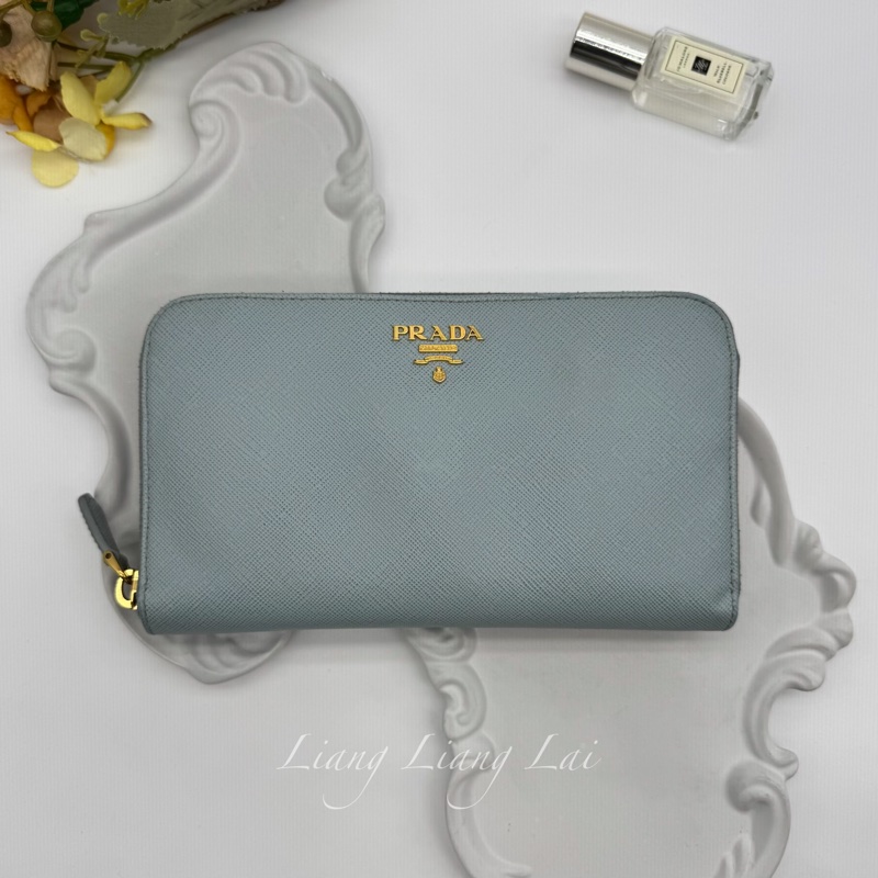 PRADA Saffiano 霧藍灰色拉鏈長夾-0