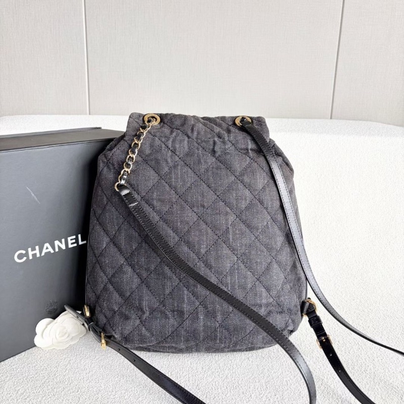 Chanel 牛仔丹寧後背包黑色牛仔拼皮 金扣 0*33*13 9新 配件塵袋保卡-3