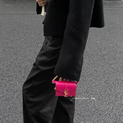 YSL mini信封包 芭比粉 銀扣 牛皮 10*8.5*3  9新 配件塵袋