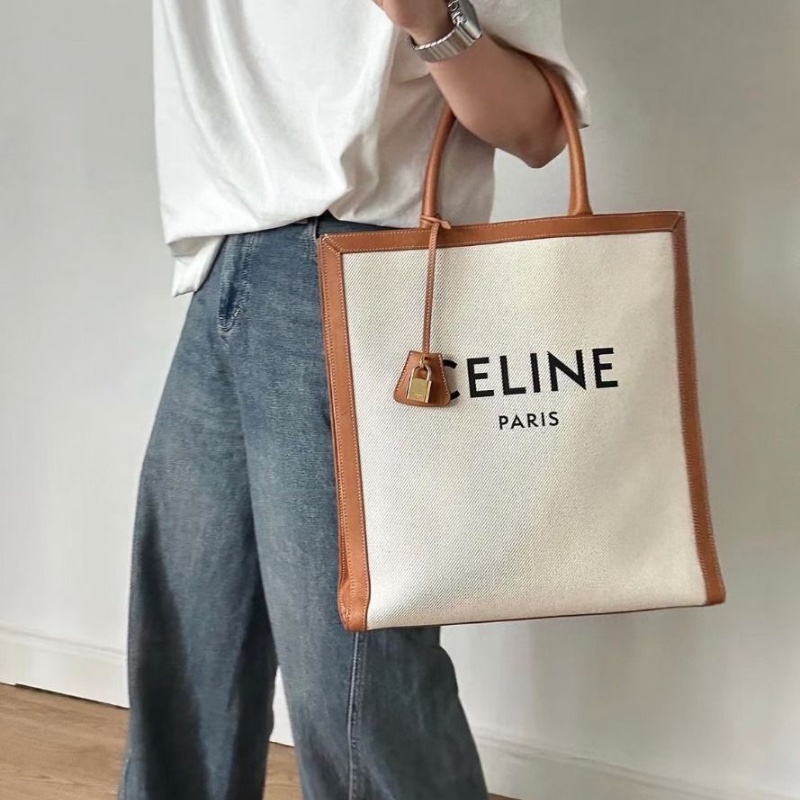 Celine 竪版Cabas帆布托特包 棕拼白 金扣 36.5*38*10 9新 配件鑰匙*2 鎖-1