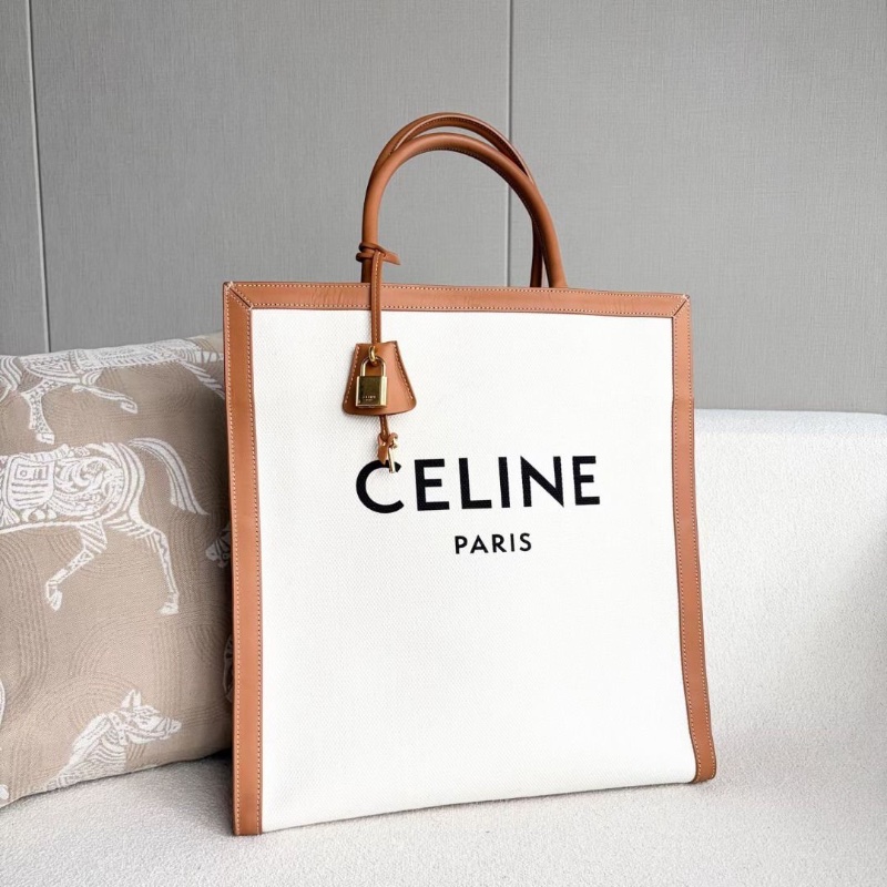 Celine 竪版Cabas帆布托特包 棕拼白 金扣 36.5*38*10 9新 配件鑰匙*2 鎖-2
