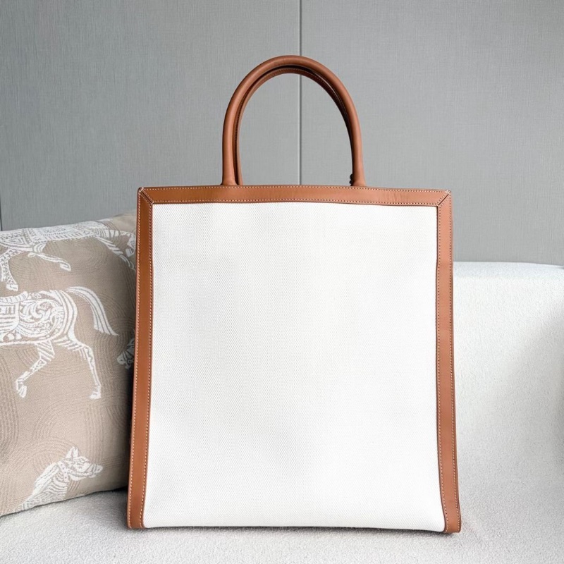 Celine 竪版Cabas帆布托特包 棕拼白 金扣 36.5*38*10 9新 配件鑰匙*2 鎖-4