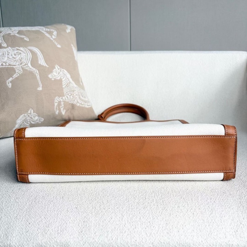 Celine 竪版Cabas帆布托特包 棕拼白 金扣 36.5*38*10 9新 配件鑰匙*2 鎖-6