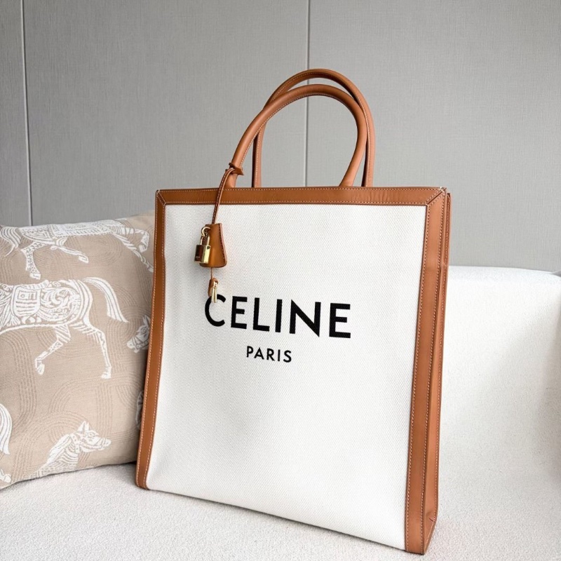 Celine 竪版Cabas帆布托特包 棕拼白 金扣 36.5*38*10 9新 配件鑰匙*2 鎖-7