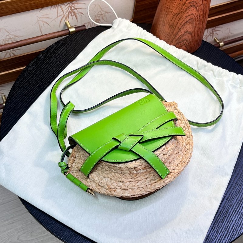 LOEWE 綠色草編拼皮 mini gate肩背斜背馬鞍包 19*13*8 98新配件塵袋-4