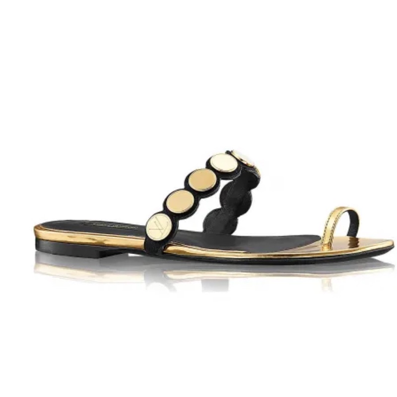 閒置未使用 LouisVuitton女款限量款涼鞋,高端款式,37碼,整體金色金屬質感,小羊皮+牛皮-0