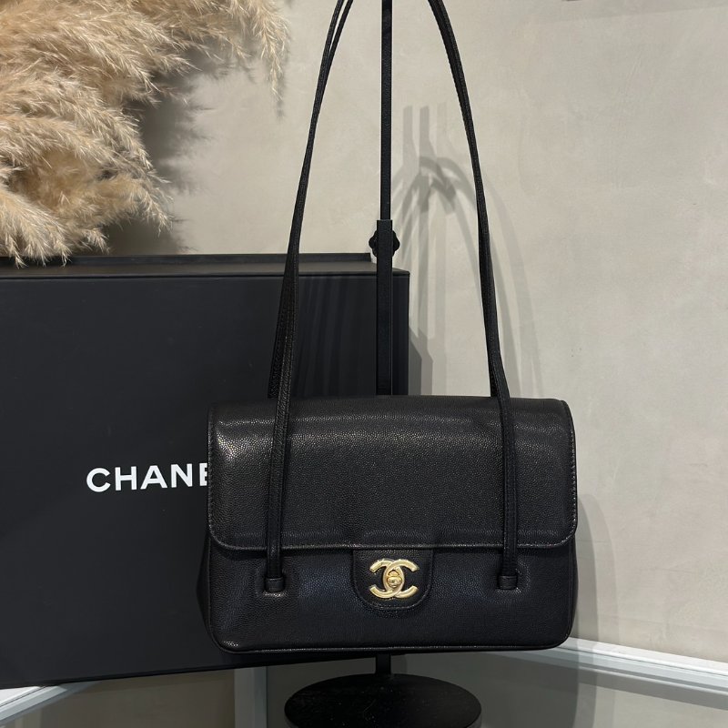 CHANEL 26P Preppy coco粒面牛皮單肩包 - 小號黑金-0